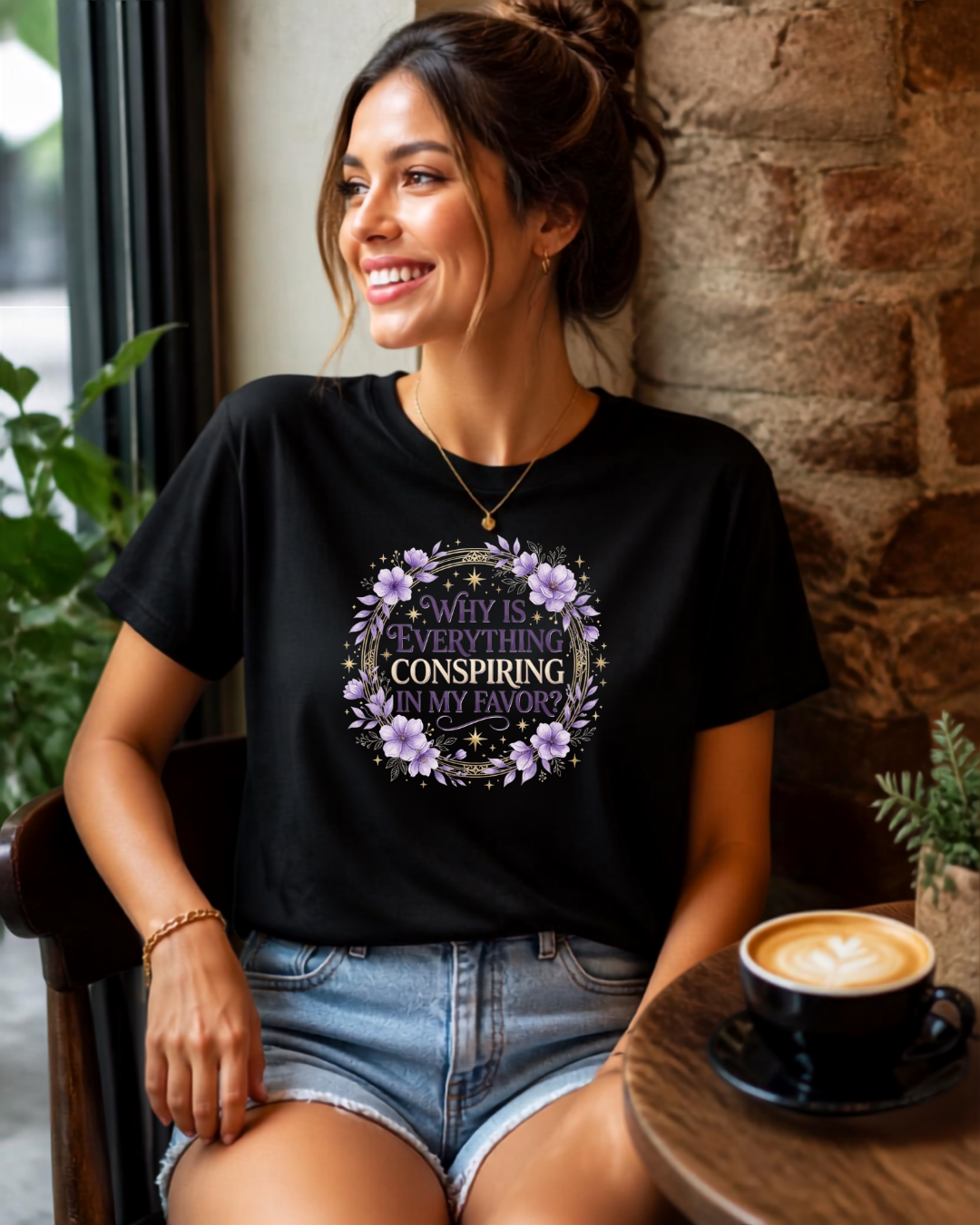 "Why is everything conspiring in my favor?" - Premium Floral Black Tee | Manifestation Shirt