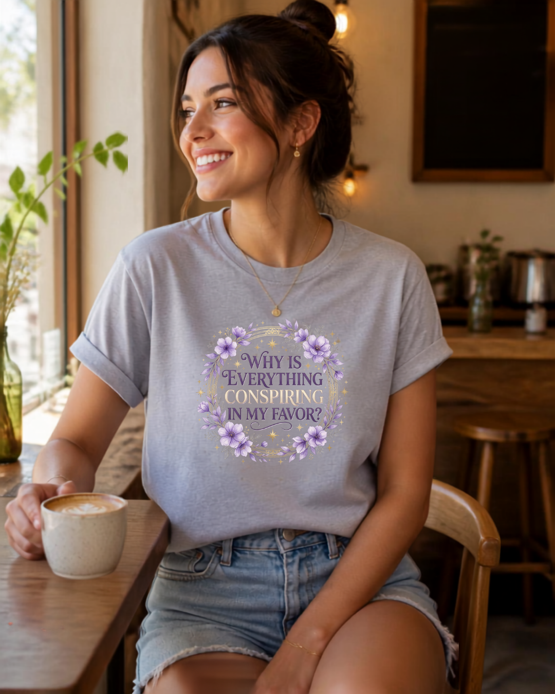 "Why is everything conspiring in my favor?" - Premium Floral Black Tee | Manifestation Shirt
